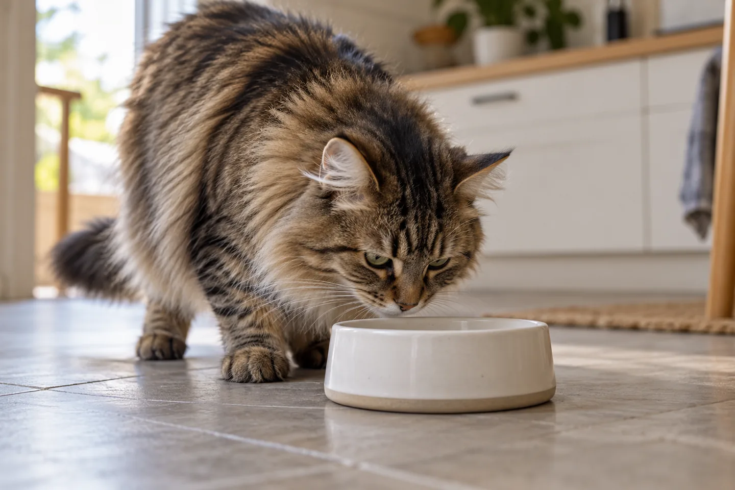 Langharige kat snuffelt aan een keramische voerbak