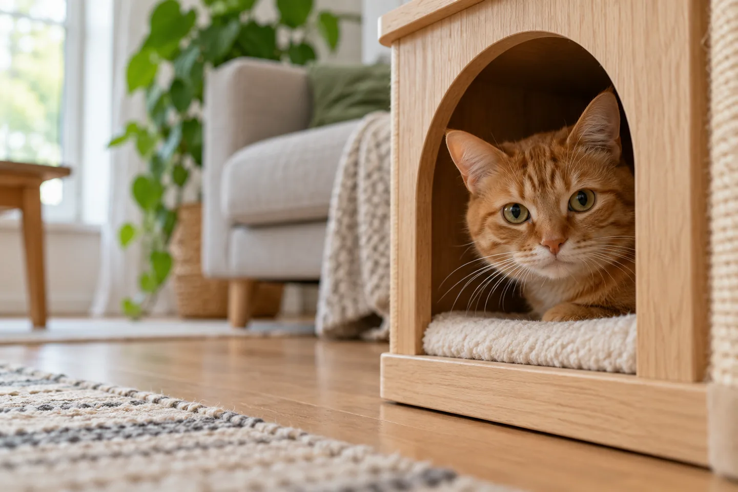 Kat kijkt vanuit een veilige houten schuilplaats