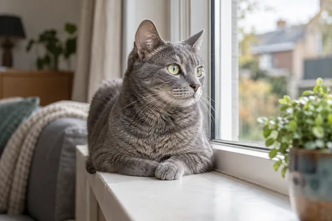 Grijze kat in een vensterbank