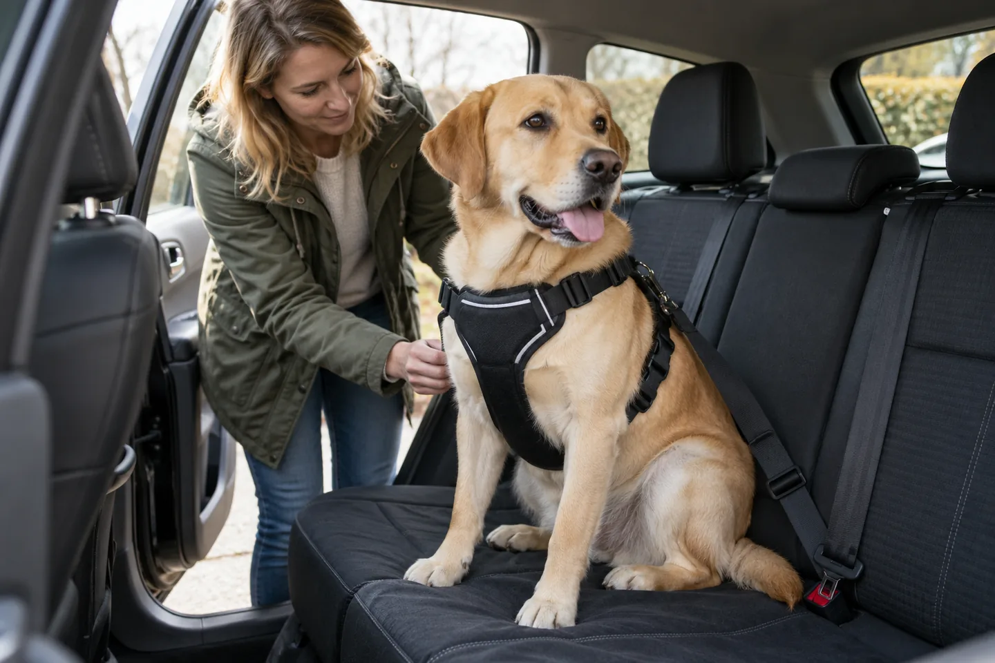 Labrador met veiligheidstuig op de achterbank van een stilstaande auto