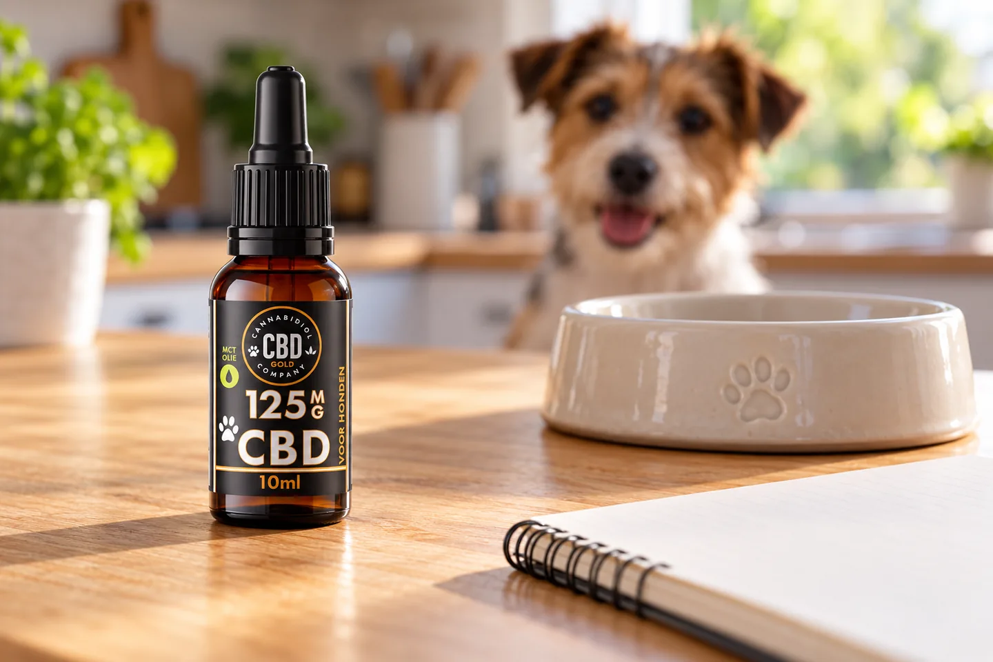 Eigen Cannabidiol Company CBD Gold flesje voor honden, 125 mg en 10 ml, naast een voerbak